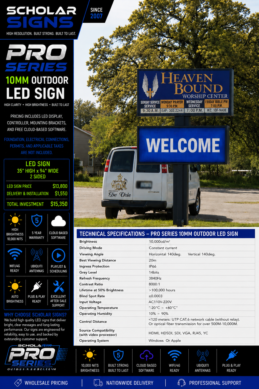 35 x 94 inch 2-sided Pro Series 10mm outdoor LED sign specification and pricing sheet