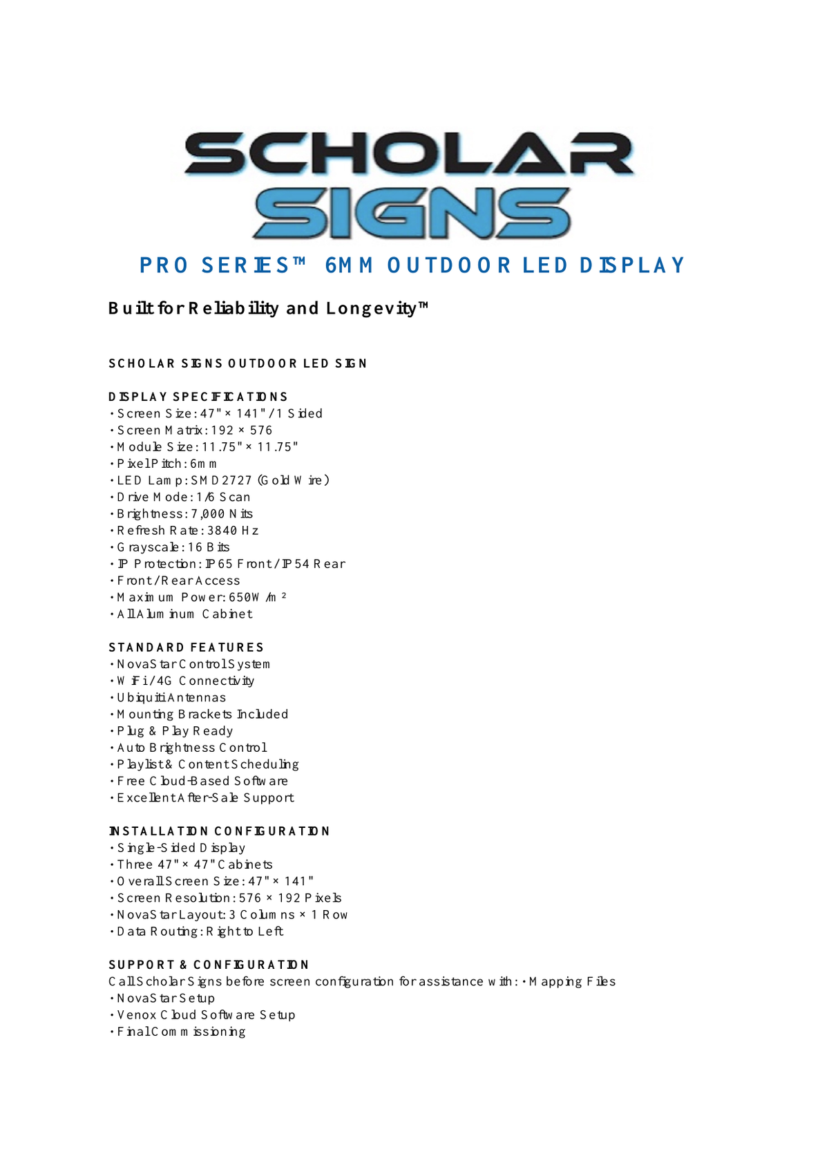 47 x 141 inch 1-sided Pro Series 6mm outdoor LED sign specification sheet